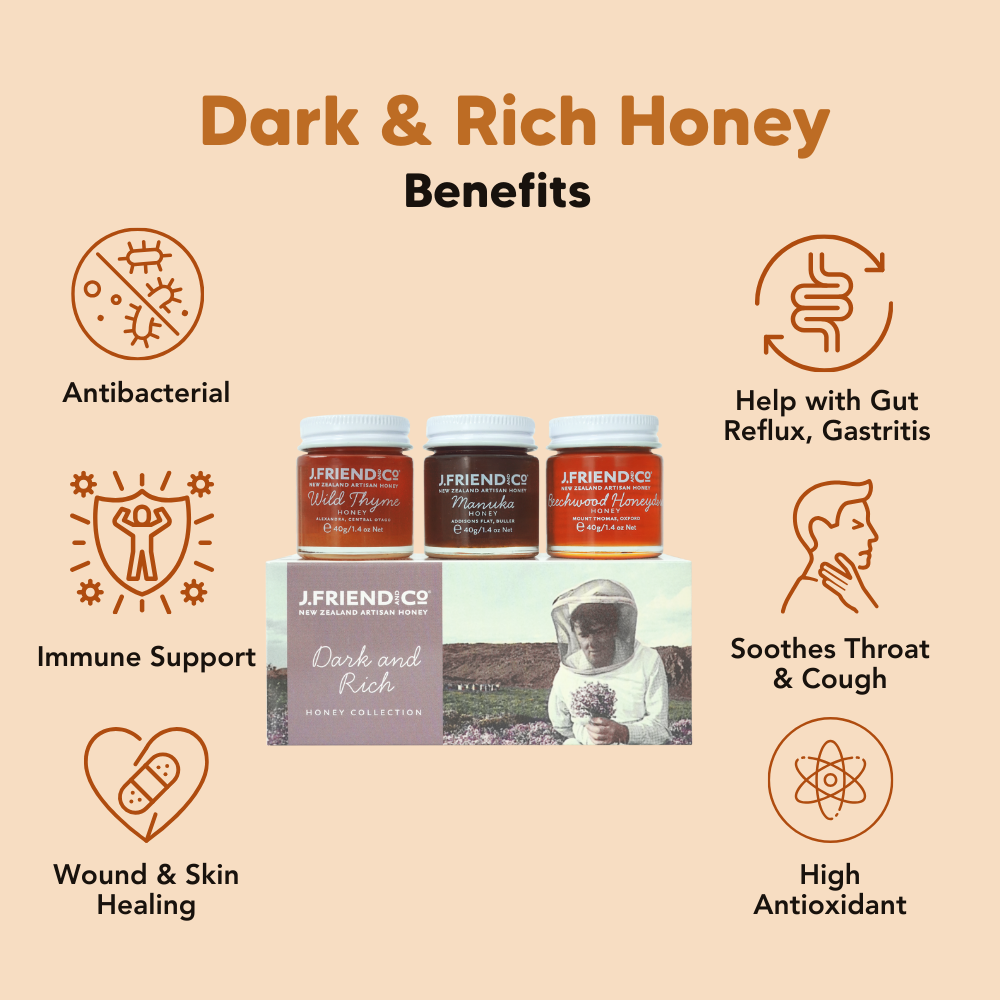 Dark & Rich Honey Collection, 3X40g, J.Friend & Co, Raw, Pure, Artisan, New Zealand
