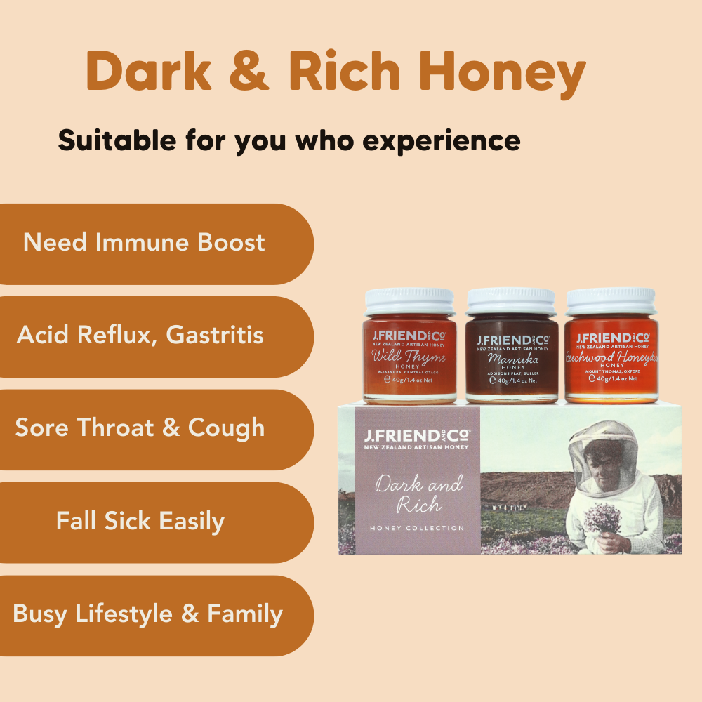 Dark & Rich Honey Collection, 3X40g, J.Friend & Co, Raw, Pure, Artisan, New Zealand