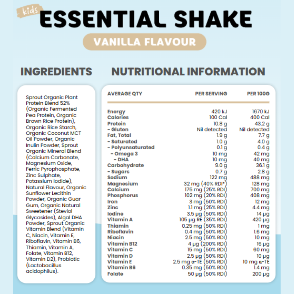 Sprout Organic Essential Shake Vanilla, Kids Protein 700g