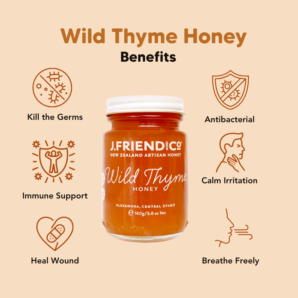 Wild Thyme Honey, 160g, 1.4kg, J.Friend & Co, Raw, Pure, Artisan, New Zealand