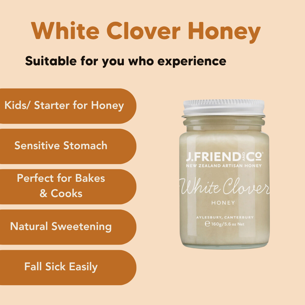 White Clover Honey, 160g, 1.4kg, J.Friend & Co, Raw, Pure, Artisan, New Zealand