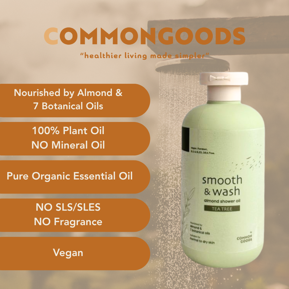 Almond Shower Oil, Smooth & Wash, Tea Tree, Common Goods Malaysia, 250ml