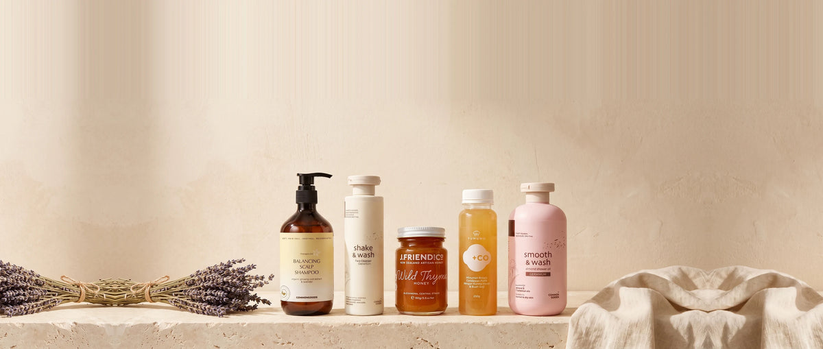 Common Goods best sellers: Balancing Scalp Shampoo, shake & wash Face Cleanser, J.Friend & Co Wild Thyme Honey, Fumuwo +CO drink and smooth & wash Almond Shower Oil