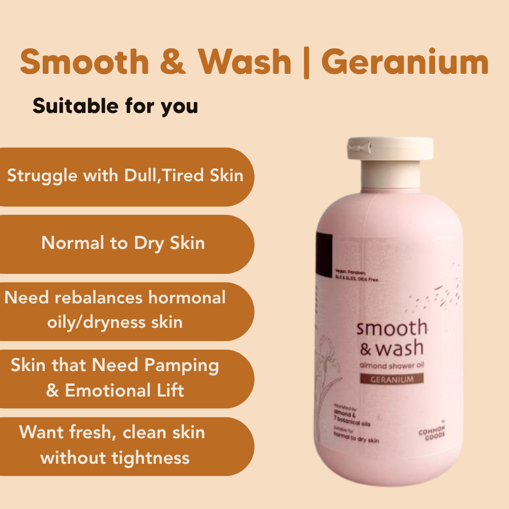 Almond Shower Oil, Smooth & Wash, Geranium, Common Goods Malaysia, 250ml