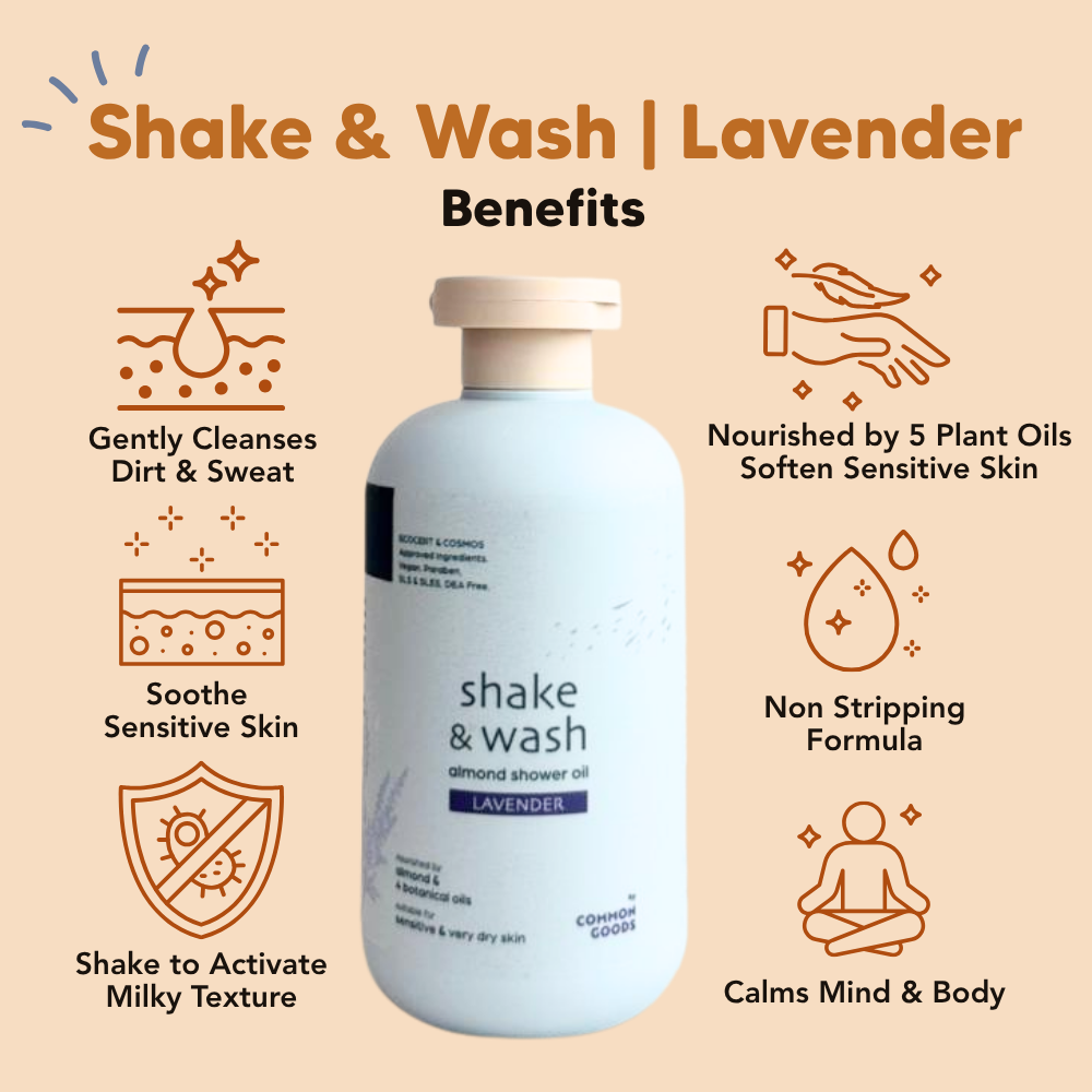 Almond Shower Oil, Shake & Wash, Lavender, Common Goods Malaysia, 250ml