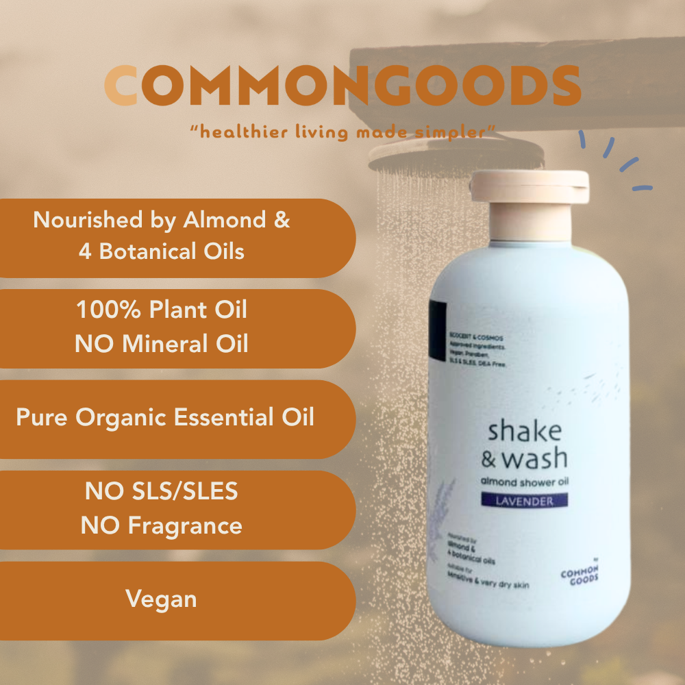 Almond Shower Oil, Shake & Wash, Lavender, Common Goods Malaysia, 250ml