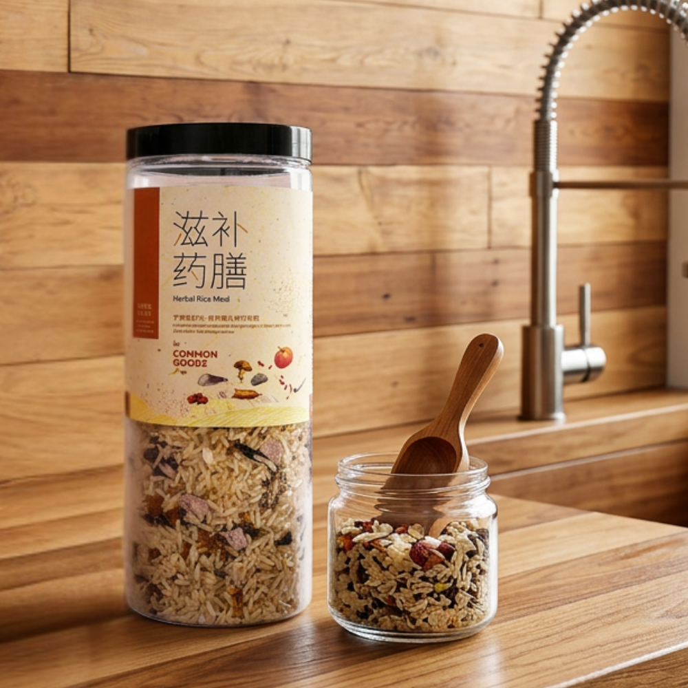 Herbal rice meal and grains on a wooden kitchen counter