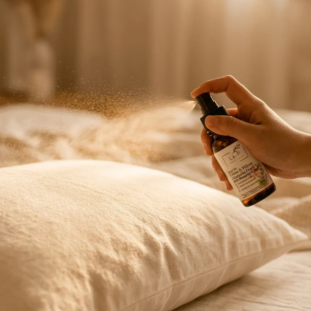 Hand misting a room and pillow spray over a cushion