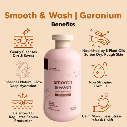 Almond Shower Oil, Smooth & Wash, Geranium, Common Goods Malaysia, 250ml