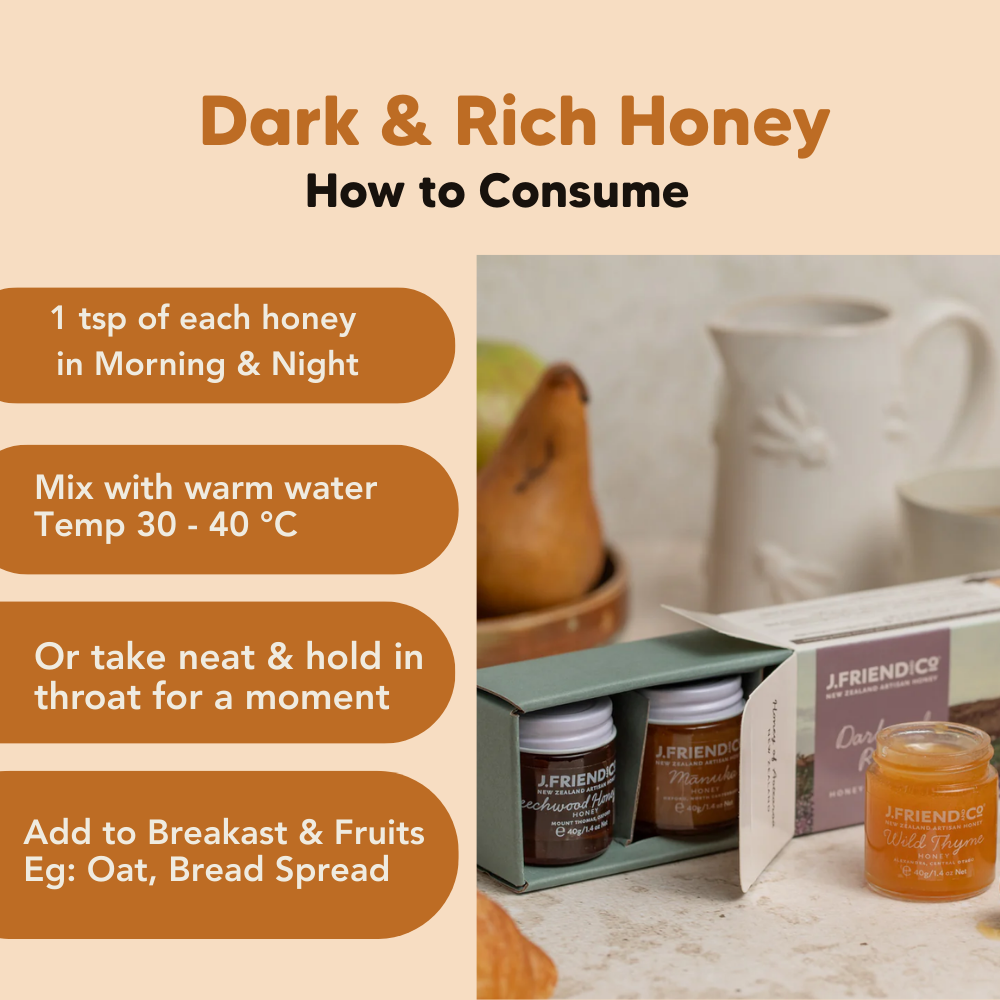 Dark & Rich Honey Collection, 3X40g, J.Friend & Co, Raw, Pure, Artisan, New Zealand
