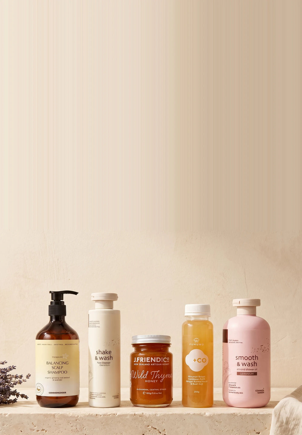 Common Goods best sellers: Balancing Scalp Shampoo, shake & wash Face Cleanser, J.Friend & Co Wild Thyme Honey, Fumuwo +CO drink and smooth & wash Almond Shower Oil