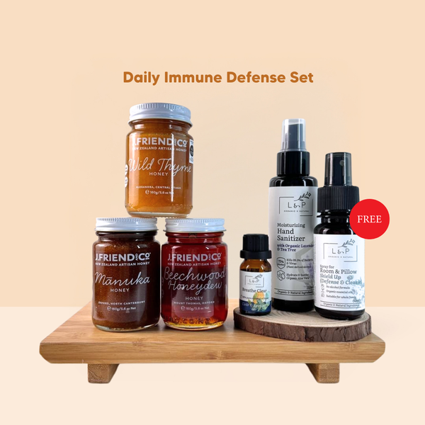 Daily Immune Defense Set [Honey, Room Spray, Essential Oil, Sanitizer], Common Goods